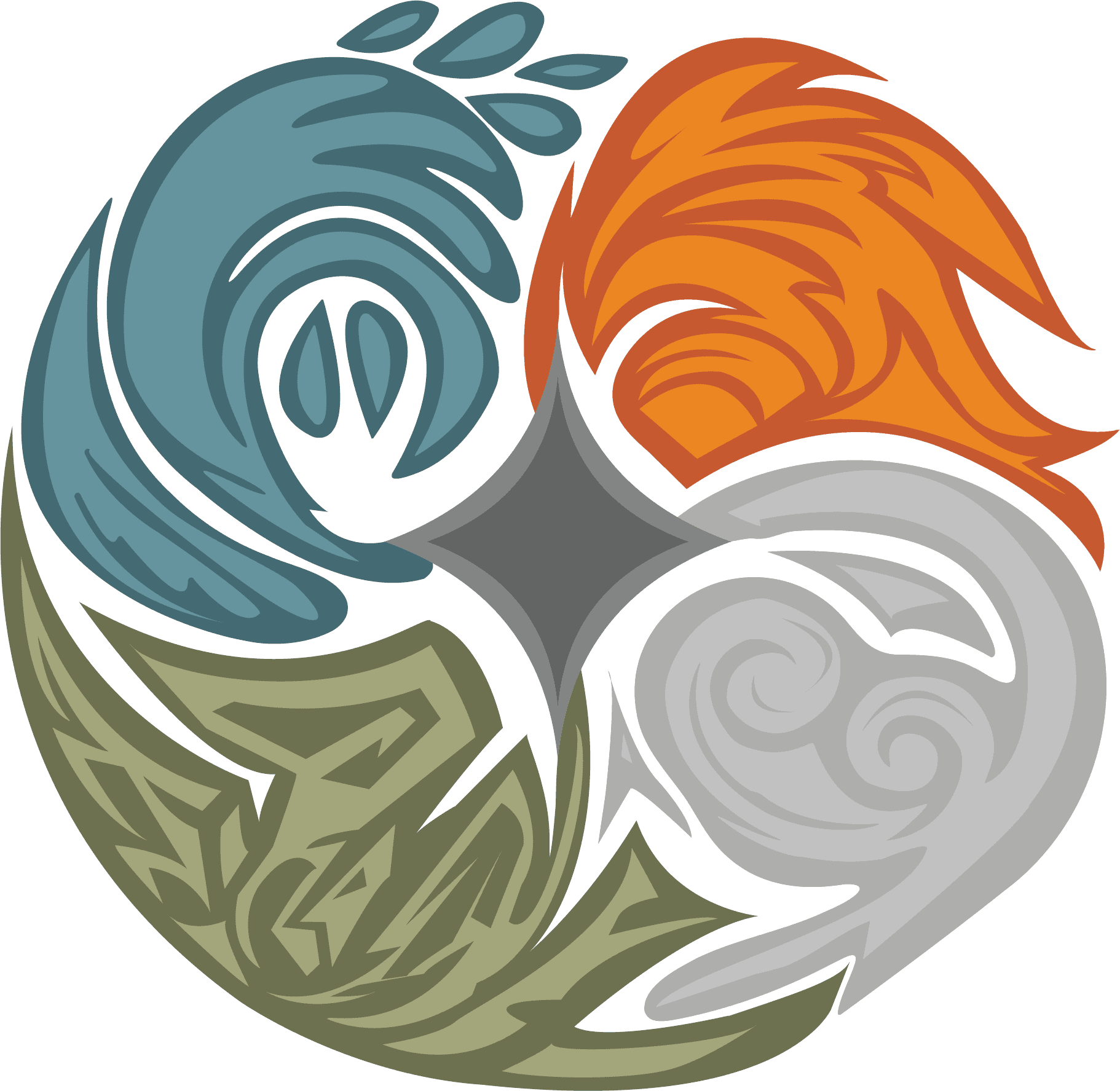 LMNTL Studios elemental emblem combining Earth, Air, Fire, Water, and the artist at the center
